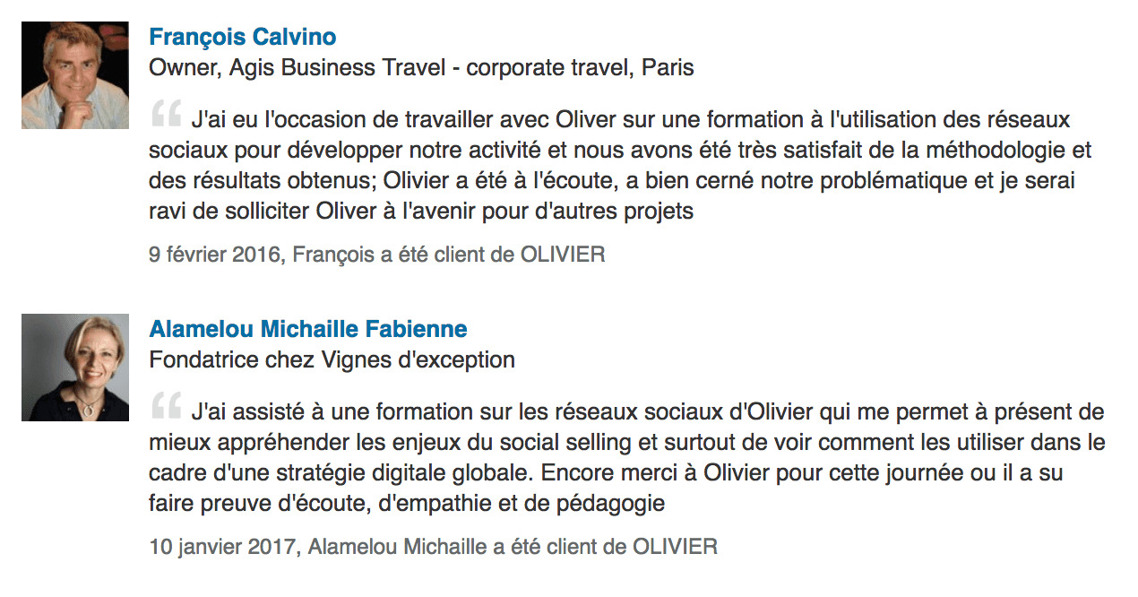 Fil de commentaires de style Facebook français sur un écran blanc, avec deux photos de profil et des noms bleus à côté du texte espagnol.